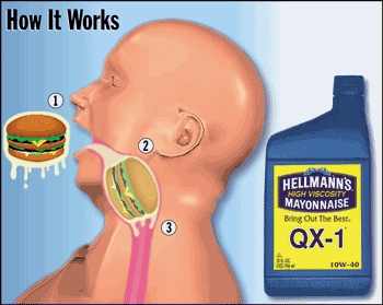<B>1.</B> QX-1 applied to food, reducing frictional coefficient and aiding consumption <B>2.</B> Long-chain mayocules form thin protective lubricant on esophagus, increasing food-intake efficiency and preventing seizing and choking <B>3.</B> Synthetic additives fight sludge buildup and reduce toxic emissions